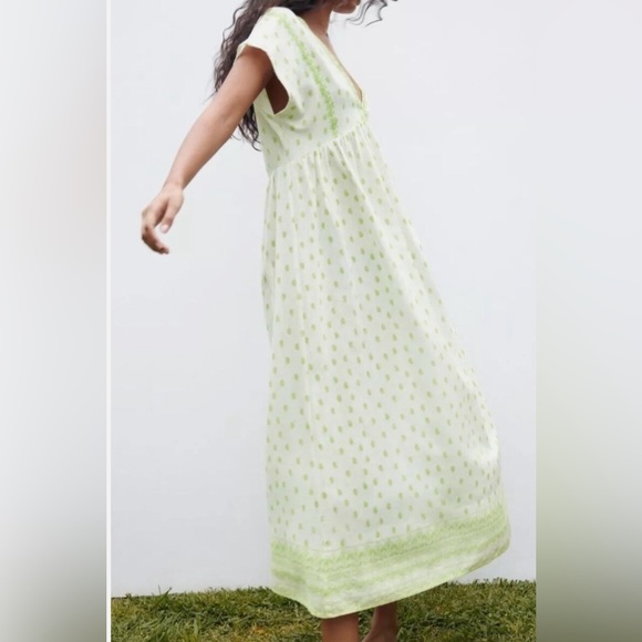 ZARA Embroidered Rustic Tunic Midi Dress Beach Cover Up White/Green Sz M - Picture 5 of 14